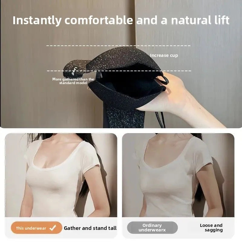 Hot Push Up Bra for Small Bust with Thin Shimmer Straps, Thick Padded Wireless Seamless Bra, Side Support Anti-Droop Lingerie