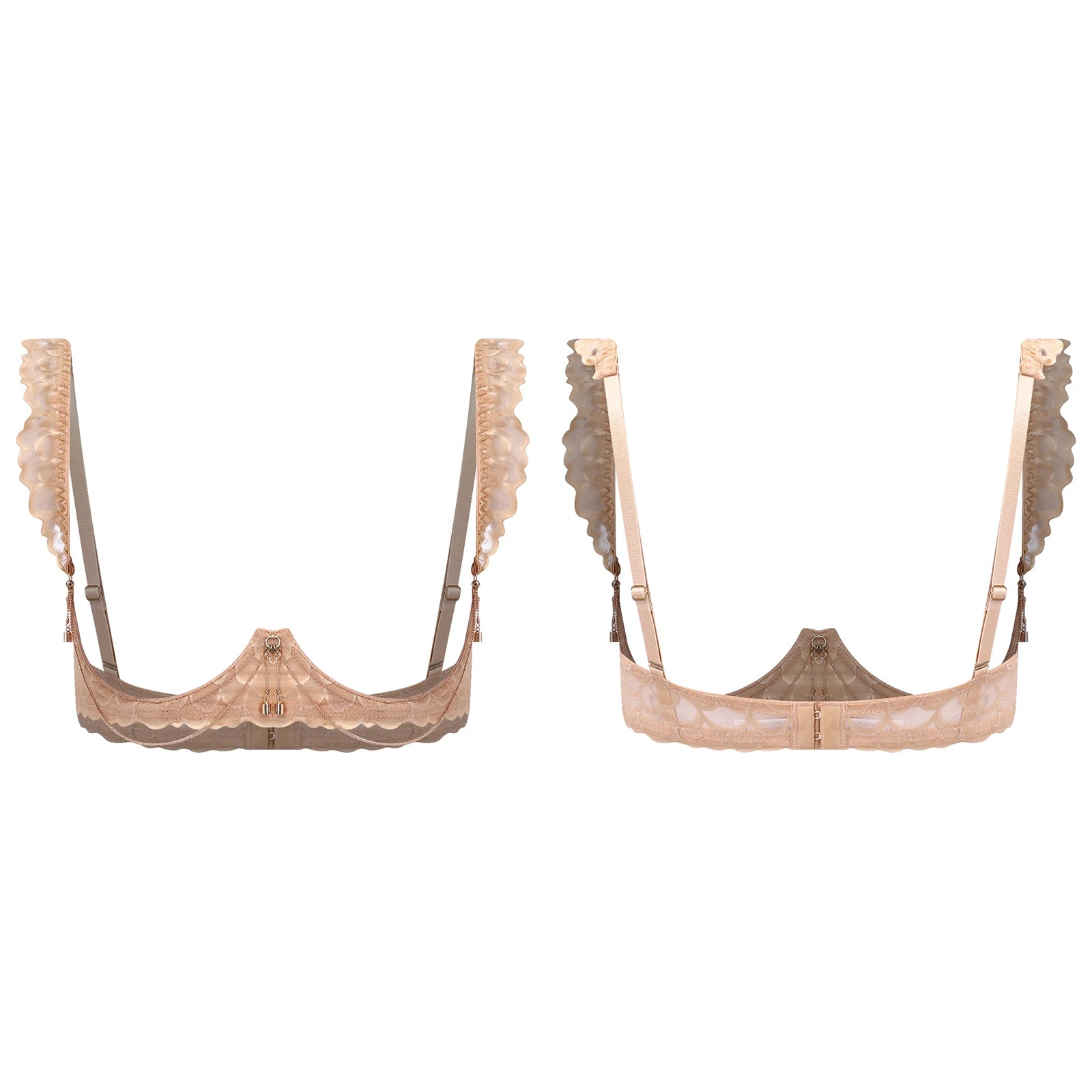 Womens Floral Lace Cupless Shelf Bra See Through Open Cup Underwired Push Up Balconette Bra with Metal Chain Unlined Brassiere