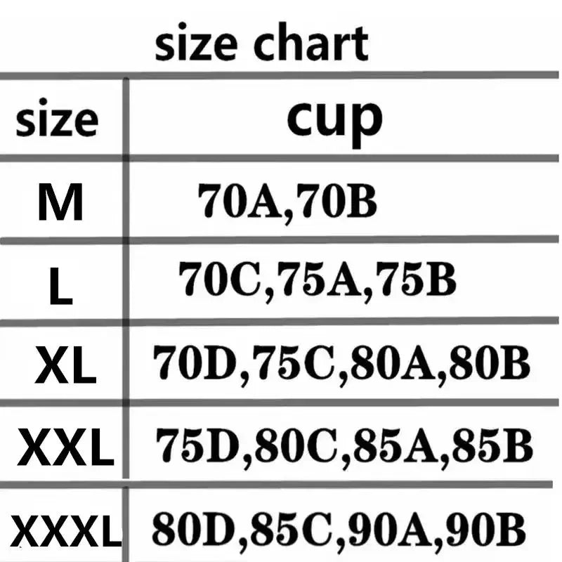 Size chart for cups with size labels and corresponding cup sizes.