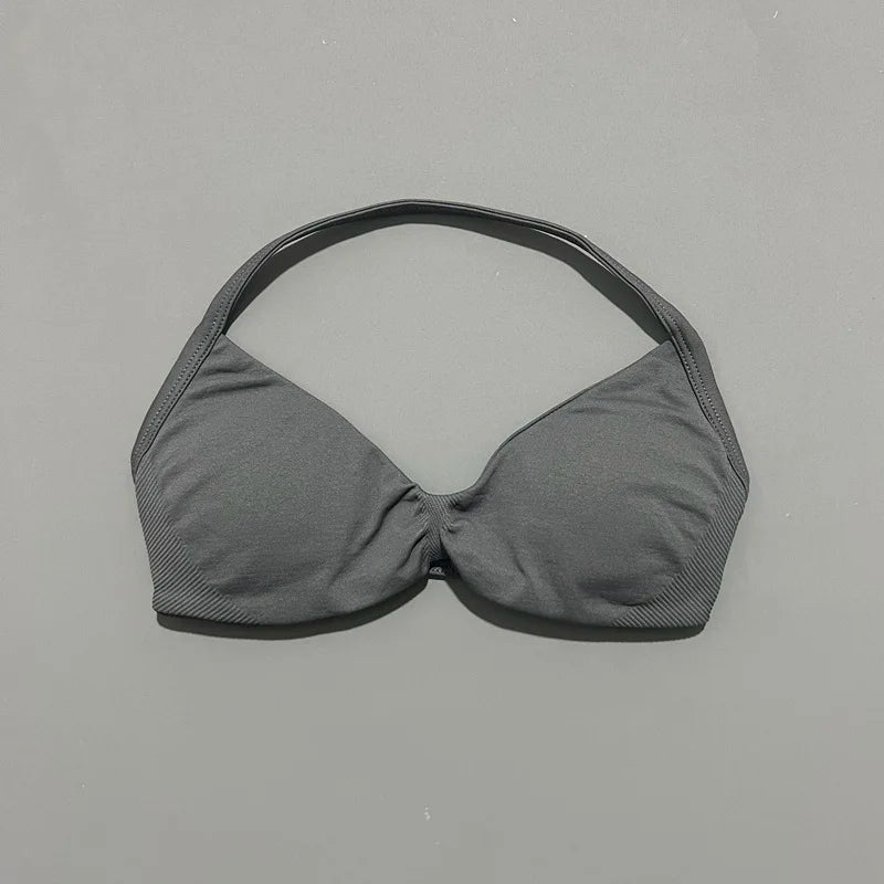 HISTELLO Strappy Sports Bra – High Support Scrunch Push-Up Halter