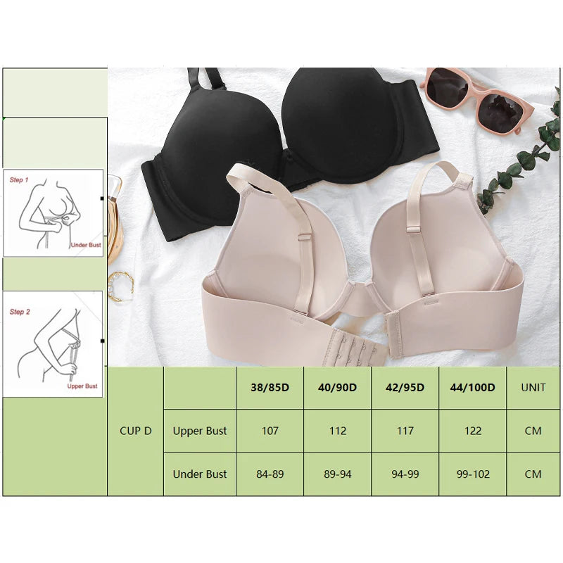 Black and beige bras on a white background with size chart and measurement guide.