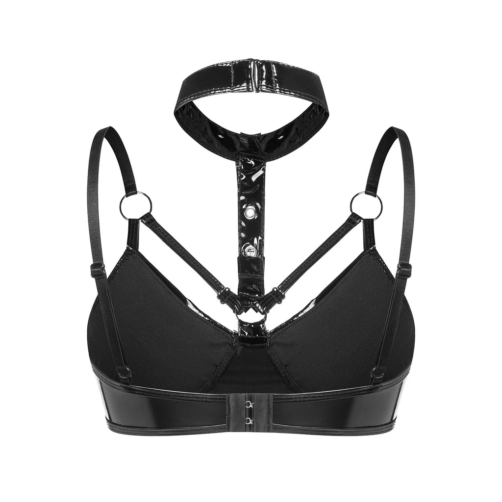 Womens Red Glossy Patent Leather Halter Bra Top Buckle Brassiere Strappy Bralette Adjustable Shoulder Straps Balconette Bustier