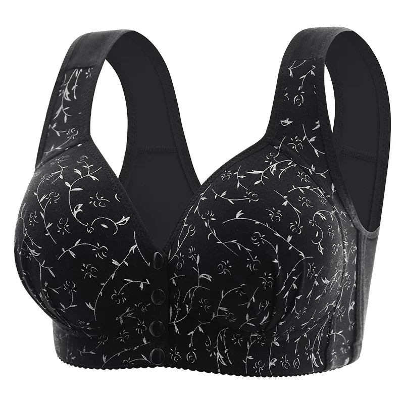 Black floral-patterned bra on a white background
