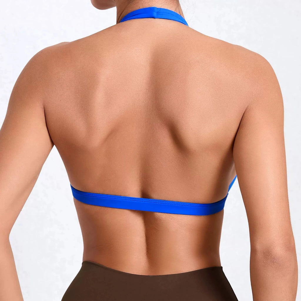 Seamless Halter Neck Open Back Sports Bra – Medium Support Yoga Gym Crop Top