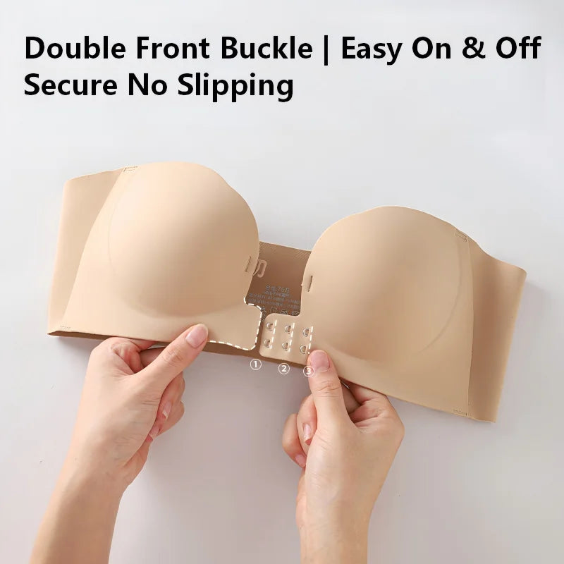 Wireless Strapless Bra Women Double Front Buckle 6Point AntiSlip 3Level 3D Molded Petal Deep V Seamless Multiway Pushup Bra 1PC
