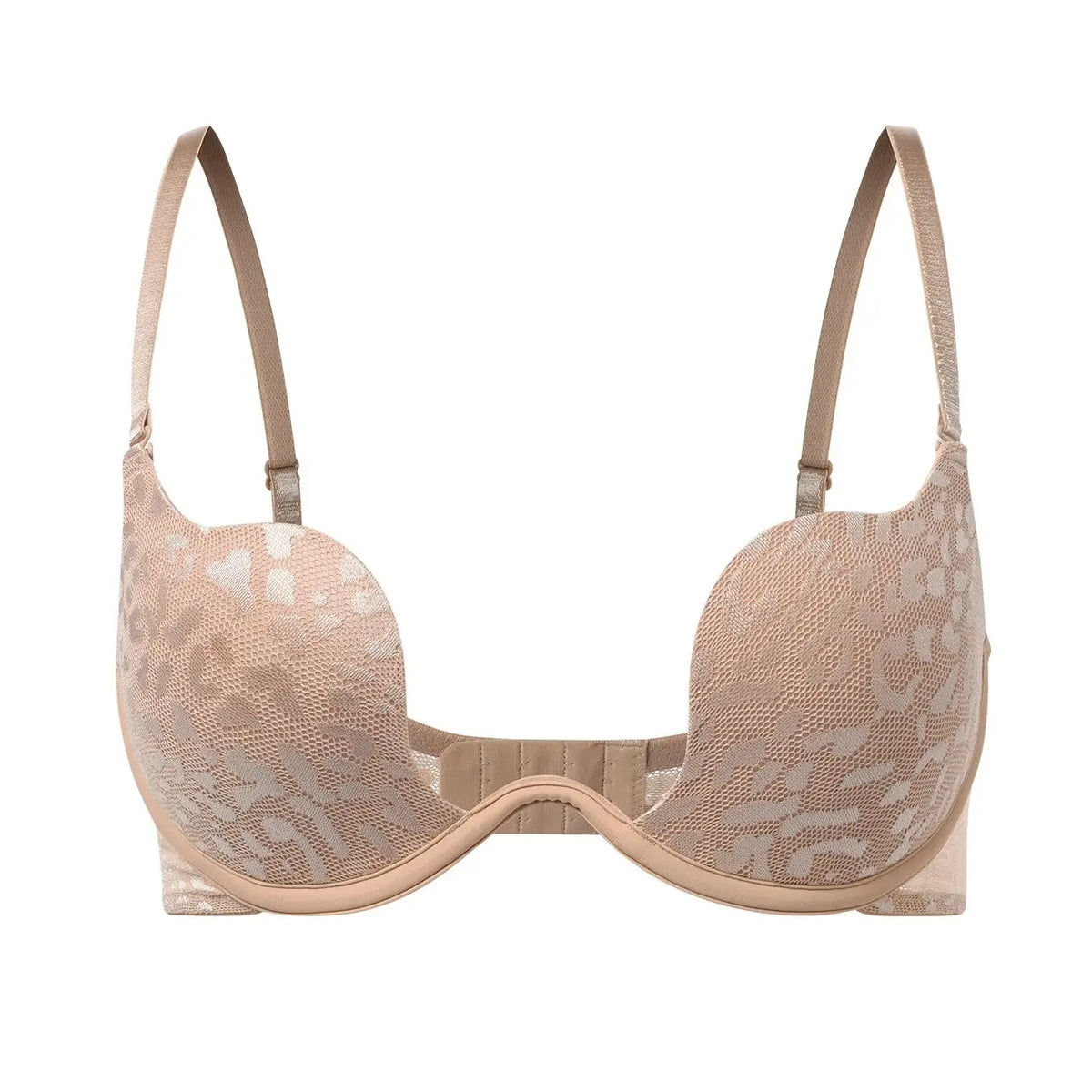 A beige lace underwire bra with adjustable shoulder straps and a seamless molded cup design, shown against a plain white background.
