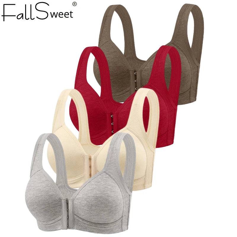 Fallsweet Seamless Front Closure Bra For Women Solid Wire-Free Push Up Bralette Full Coverage Fixed Cups Comfortable Underwear