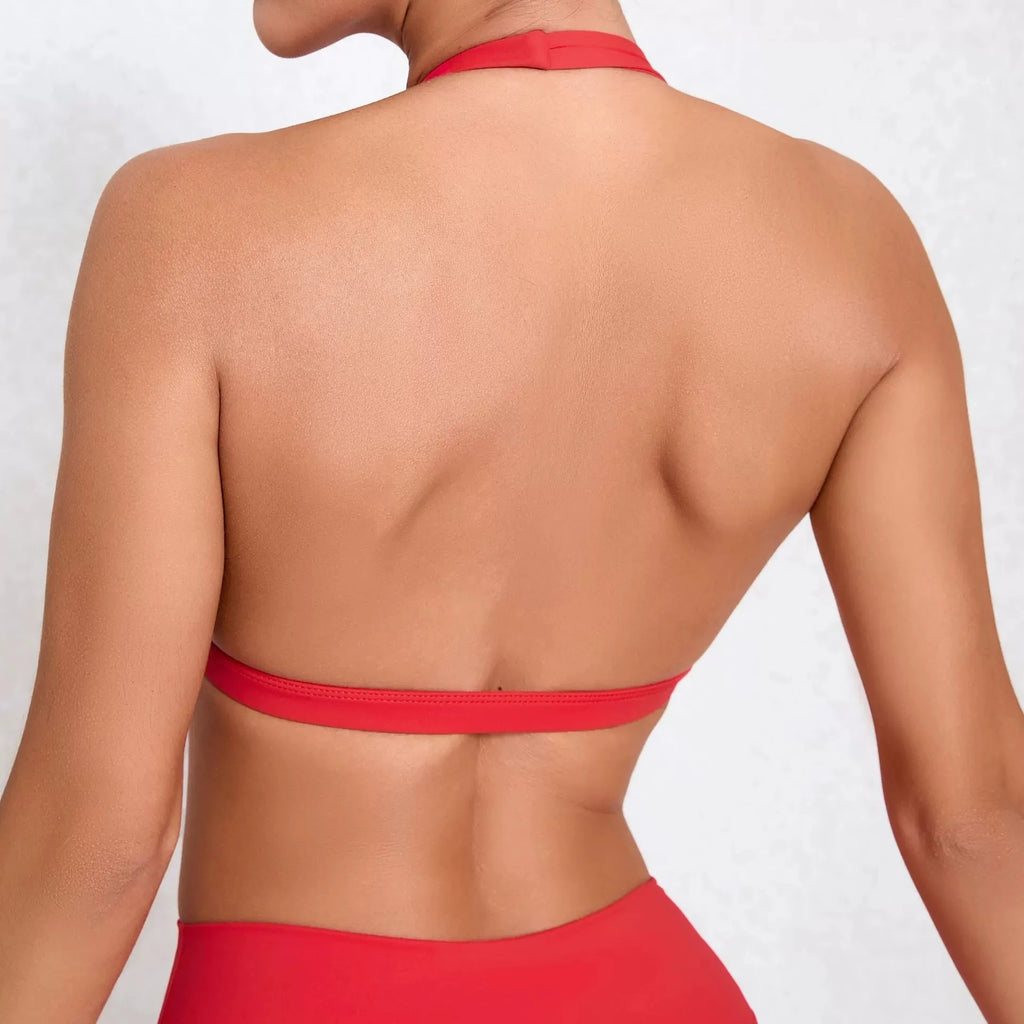 Seamless Halter Neck Open Back Sports Bra – Medium Support Yoga Gym Crop Top