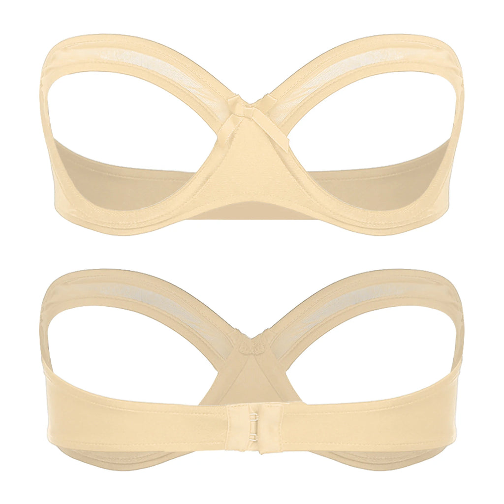 Womens See Through Strapless Cupless Bra Push Up Open Nipple Underwired Bra Lingerie Tube Top Hollow Out Push Up Balconette Bras