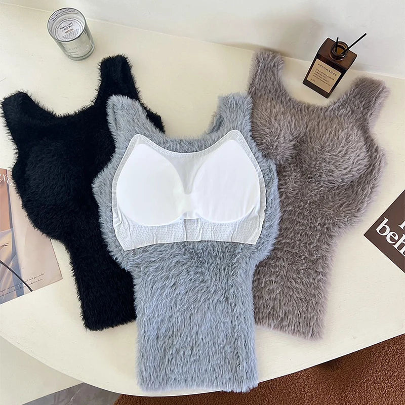 Plush Fleece Thermal Camisole – Built-In Bra Pad Warm Wool Tank Top