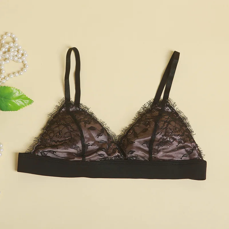 Women's Fashion Tassel Lace Triangle Bralette Wireless 3/4 Cup Mulberry Silk Soft Stretchy Lingerie Underwear