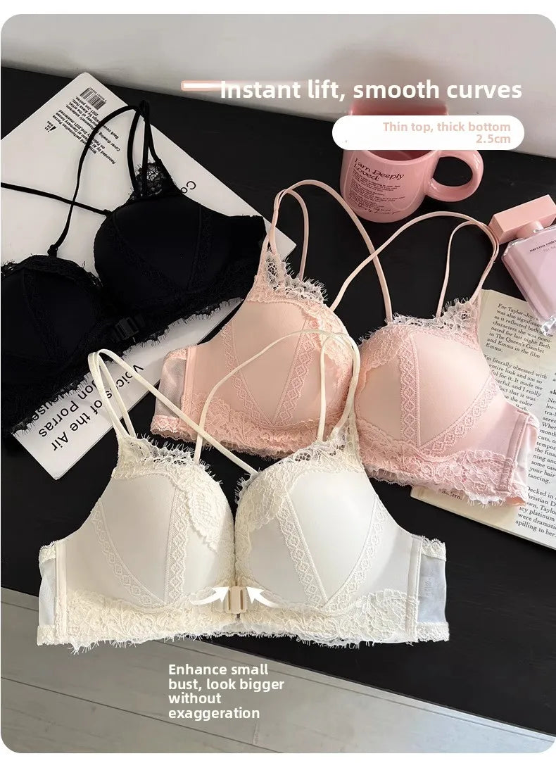 Wireless Lace Bra Set Women's Comfortable Sexy Back Design Gathered Front Clasp Underwear Nylon Material Suitable for Small B...