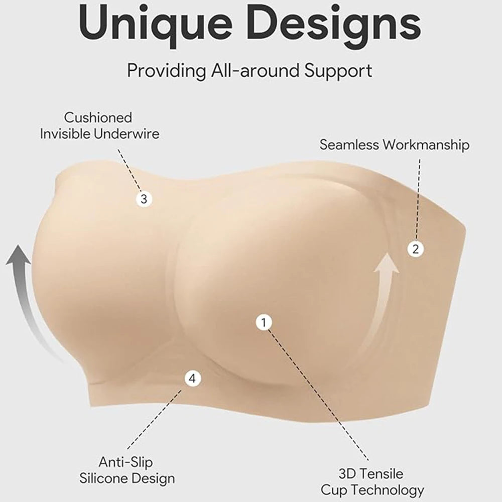 Jelly Push-Up Bandeau Bra – Non-Slip Wireless Padded Seamless Tube Bra