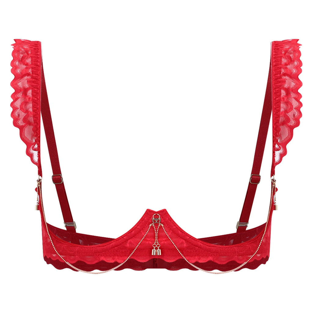 Womens Floral Lace Cupless Shelf Bra See Through Open Cup Underwired Push Up Balconette Bra with Metal Chain Unlined Brassiere