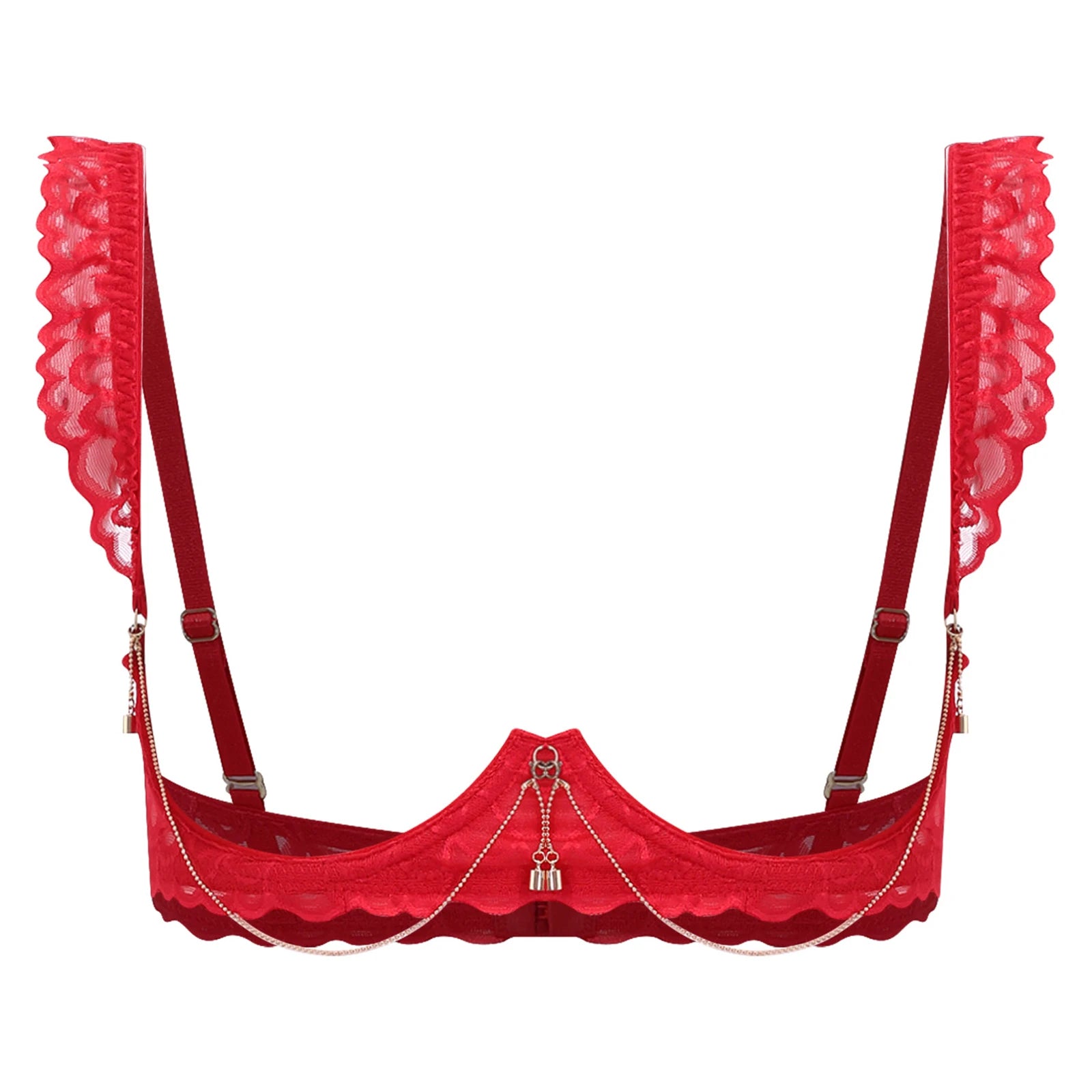 Womens Floral Lace Cupless Shelf Bra See Through Open Cup Underwired Push Up Balconette Bra with Metal Chain Unlined Brassiere