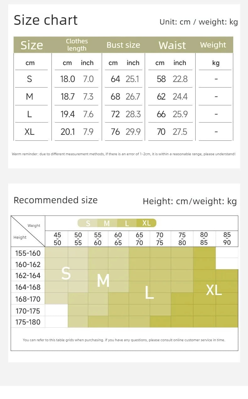 A size chart and recommended size guide for clothing sizes S, M, L, and XL, showing clothing length, bust size, waist, and weight measurements in centimeters and inches, plus a height-and-weight size grid.