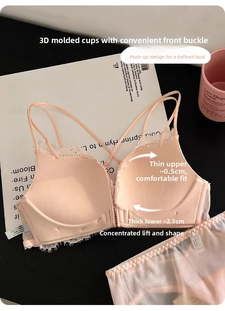 Wireless Lace Bra Set Women's Comfortable Sexy Back Design Gathered Front Clasp Underwear Nylon Material Suitable for Small B...