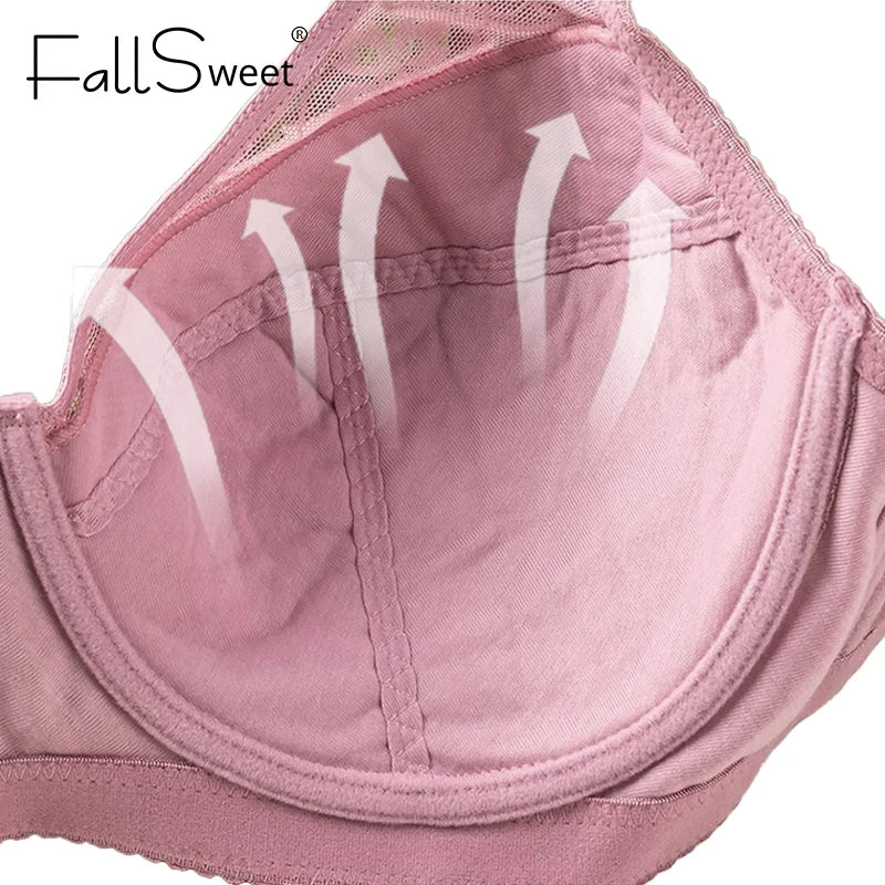 Close-up of a pink seamless bra cup with white arrows indicating breathability and the FallSweet brand logo in the top left corner.