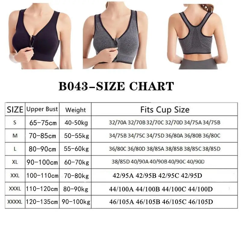 Women's Front Zipper Sports Bra Seamless Shockproof Breathable Fitness Brassiere No Underwire Running Bralette