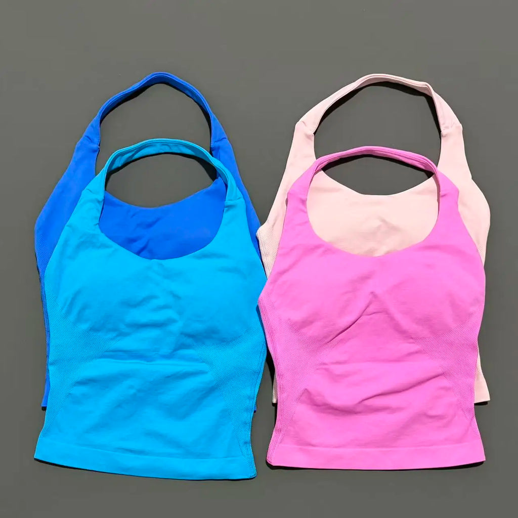 Sports Gym Halter Top Woman Seamless Yoga Tank Removable Chest Pad Push-up Sports Vest Fitness Workout Running Tops