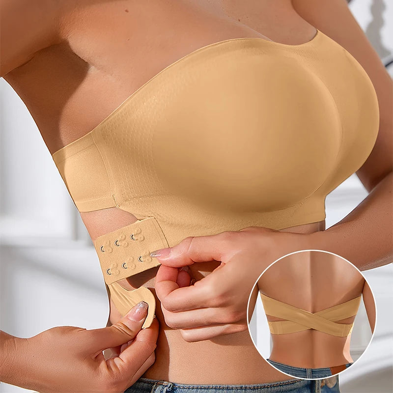 Ice Silk Traceless Strapless Bra – Wire-Free Removable Pad Cross Side Buckle