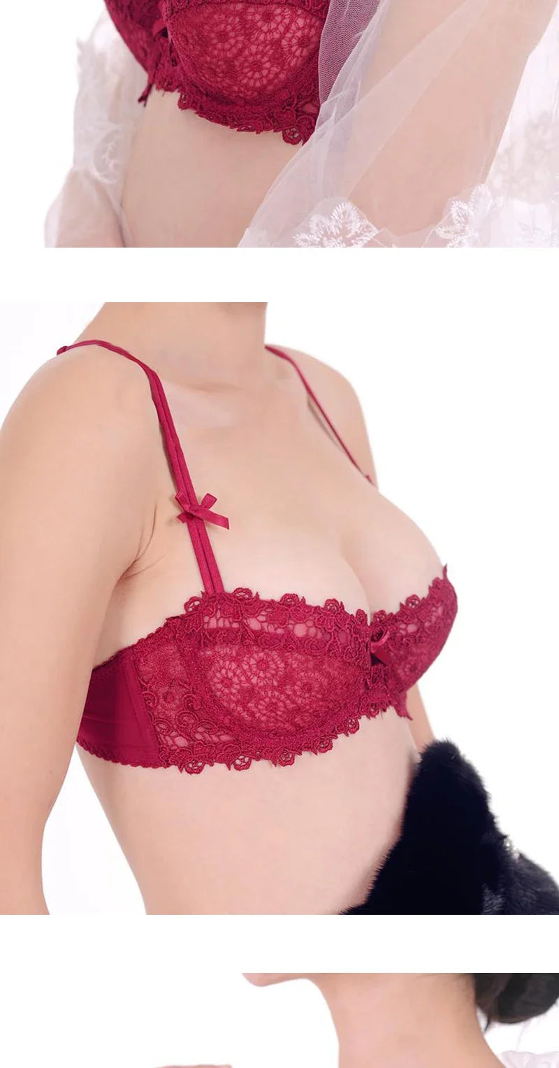 KUCLUT Plus Size Sexy Half Cup Lace Bra Sheer Mesh Unlined Bralette for Women A D Cup, Invisible Push Up Underwire Lingerie Set