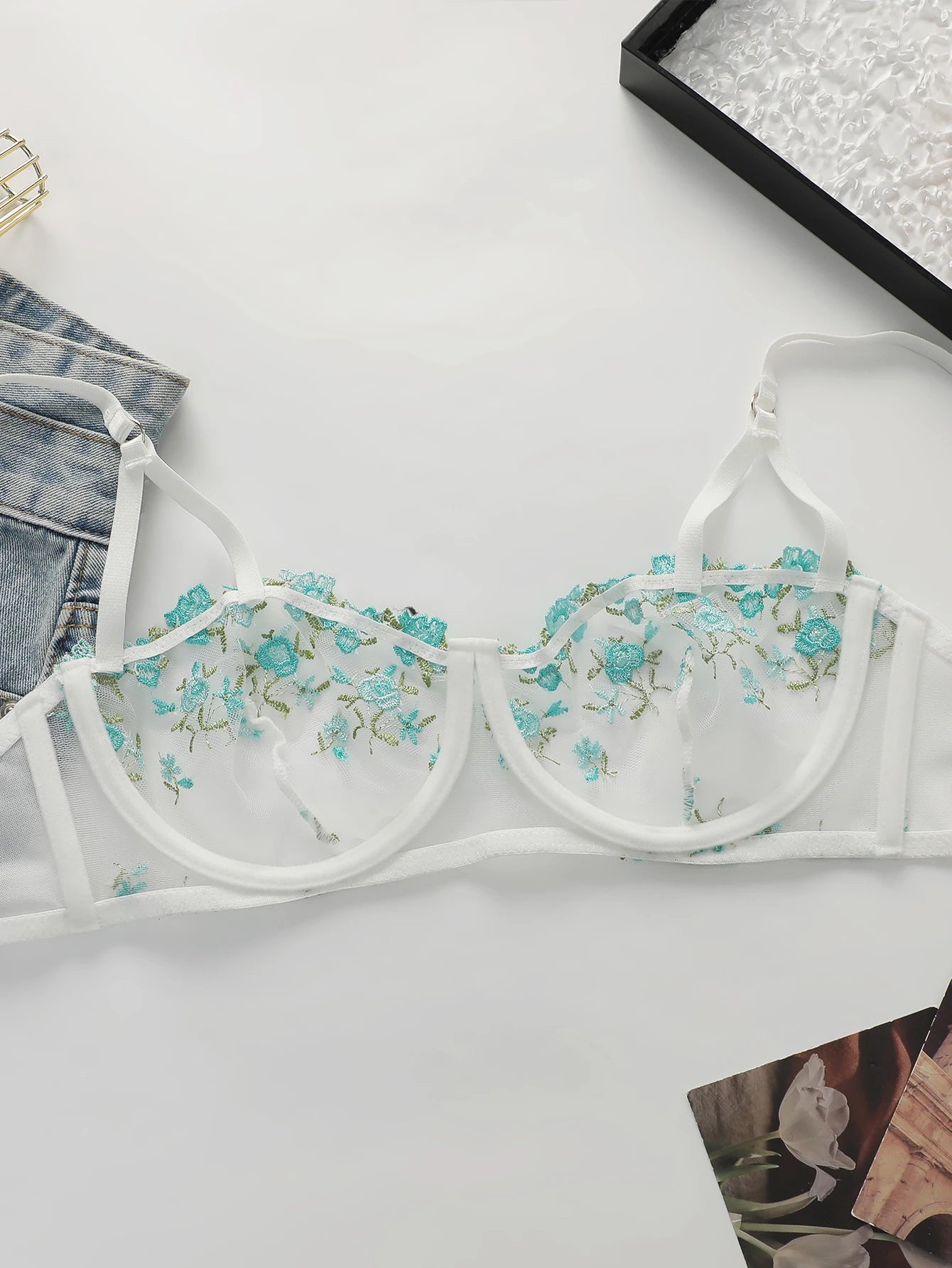 French Floral Embroidery Mesh Balconette Bra Women Underwire Thin Adjustable Straps See Through Breathable Summer Sexy Lingerie