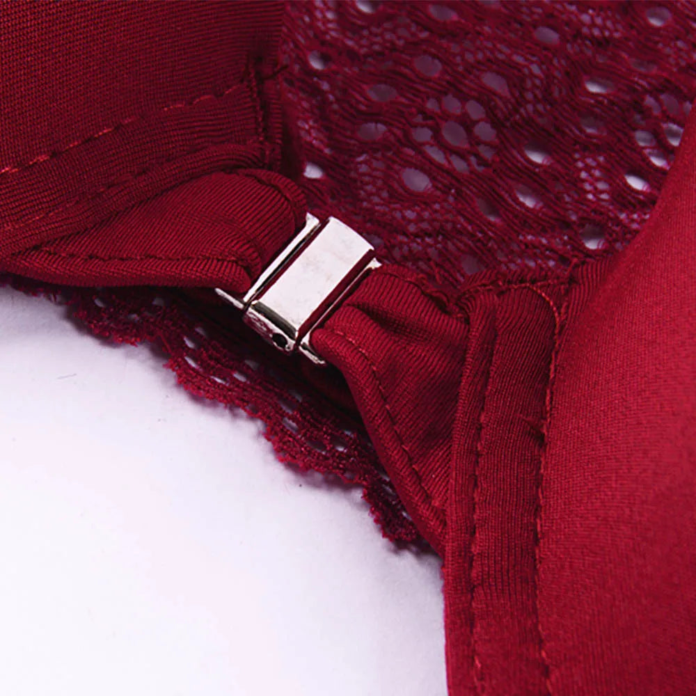Close-up of a red lace bra with a silver metal clasp on a white background.