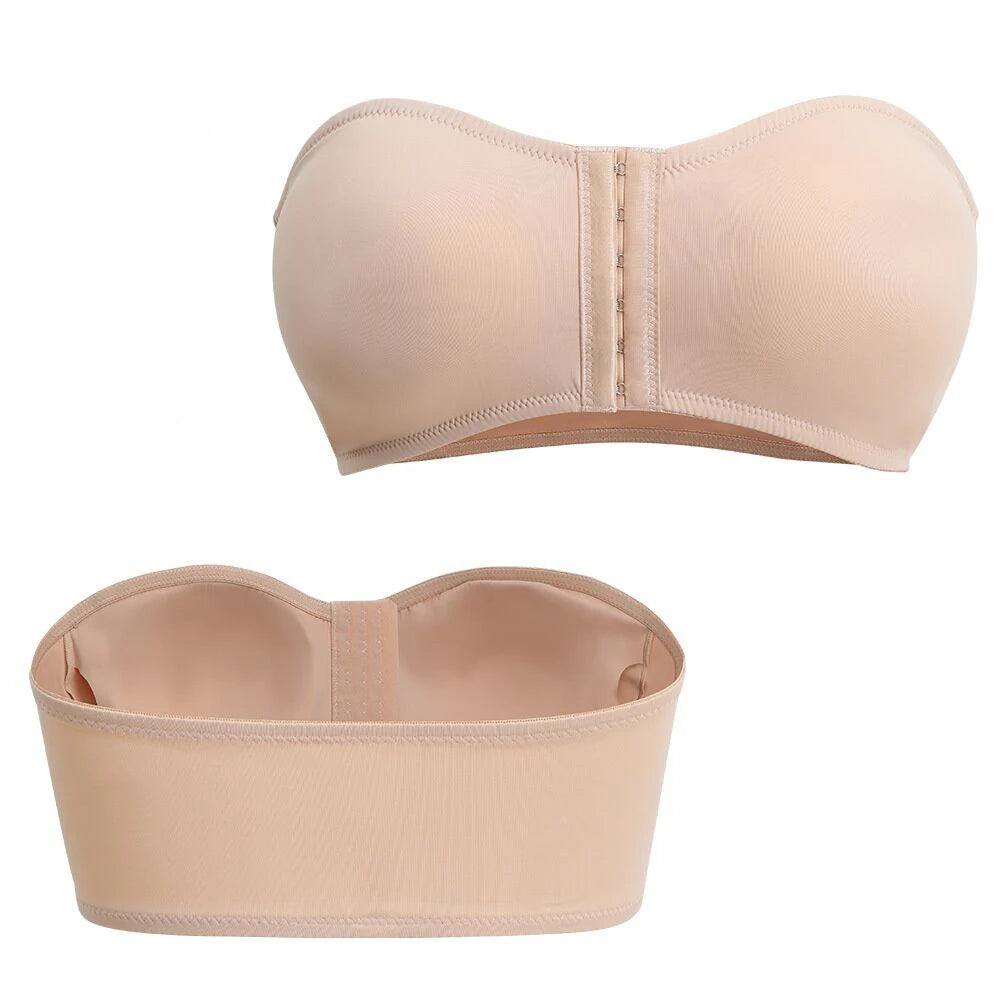 Plus Size Front Fastening Bandeau Bra – Strapless Wire-Free Padded Push-Up S–2XL