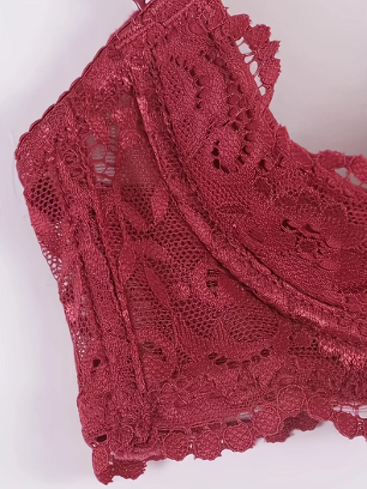 Close-up of a red lace garment on a white background