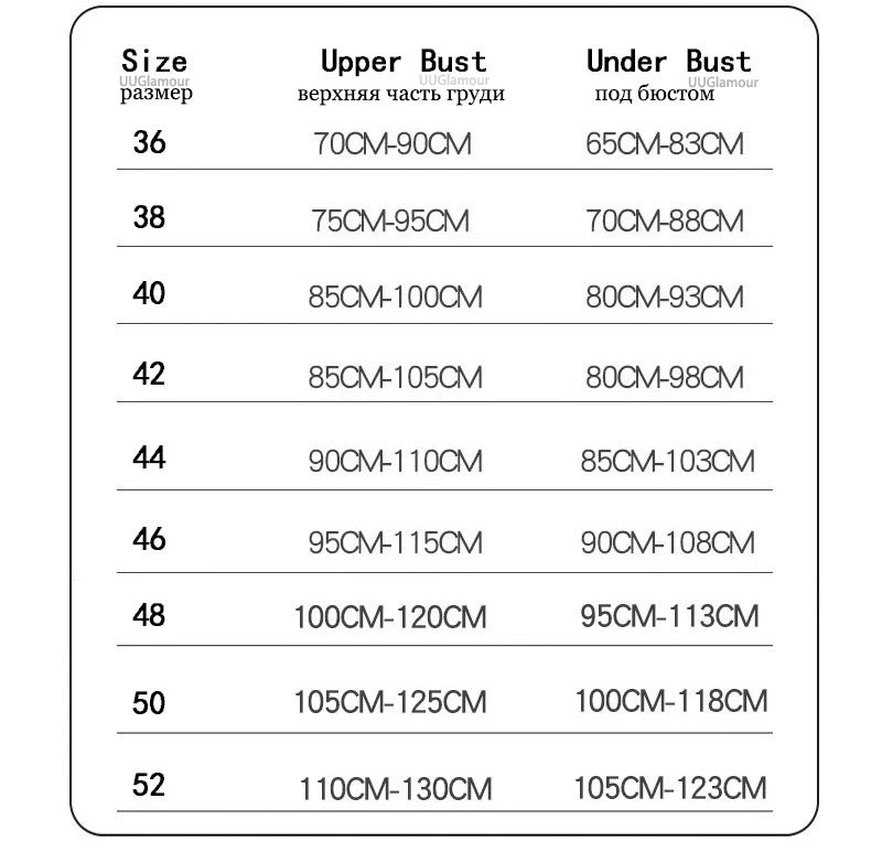 Measurement chart for upper and under bust sizes in centimeters