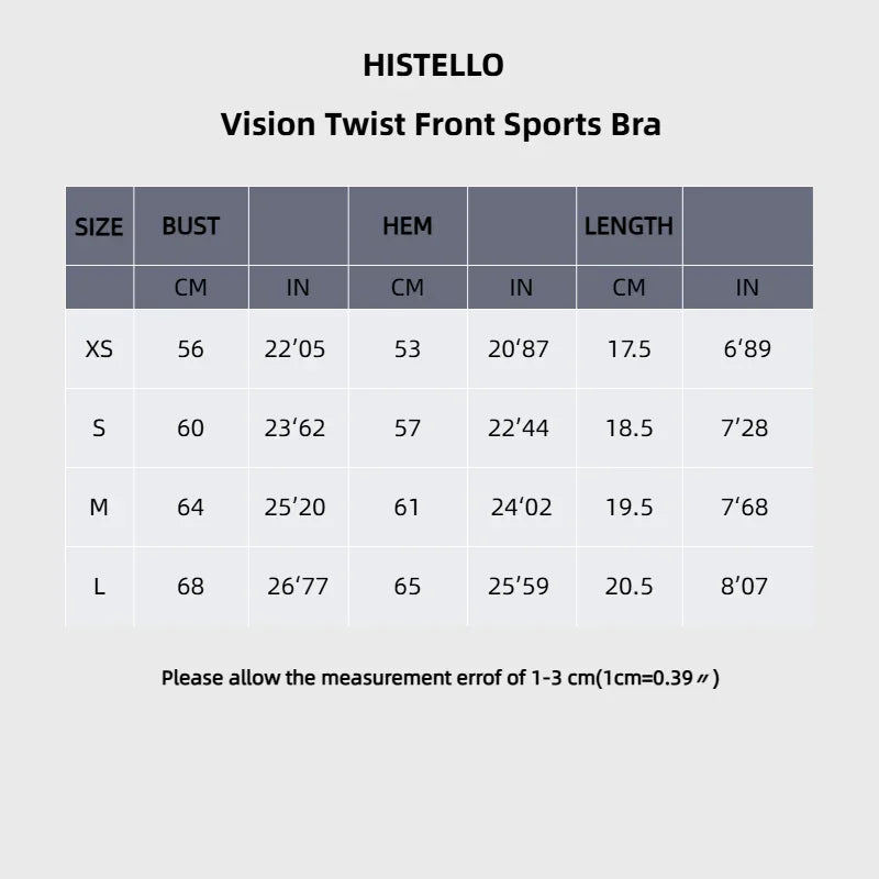 Measurement chart for Histello Vision Twist Front Sports Bra with size chart on a gray background