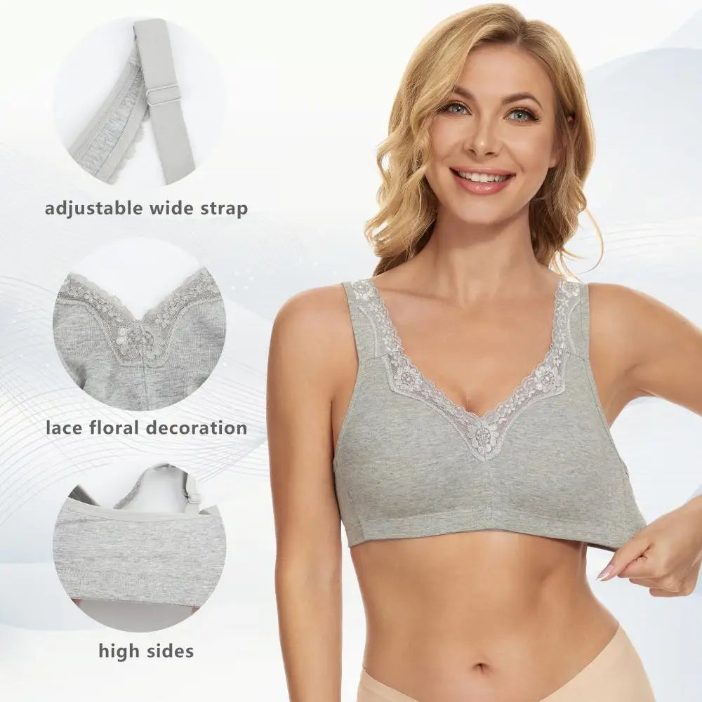 Sheroine Women's Floral Lace Cotton Bra Plus Size Wire-Free Non-Foam Comfort Wide Straps Full Coverage Sleep Underswear