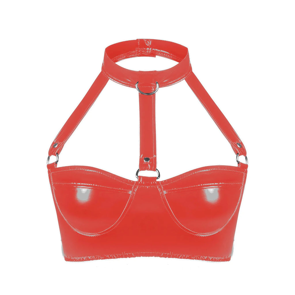Red bra with thin straps on a white background