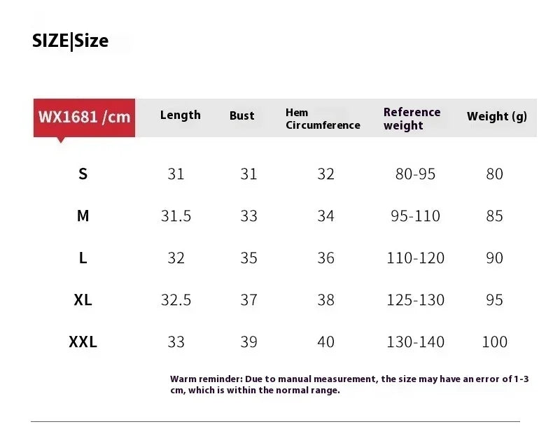Size chart for clothing with measurements in centimeters and grams.