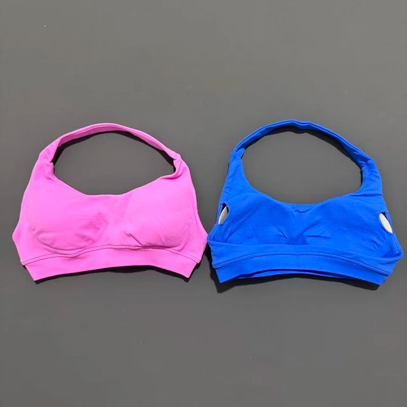 HISTELLO Seamless Halter Sports Bra – Open Back Gym & Yoga Top