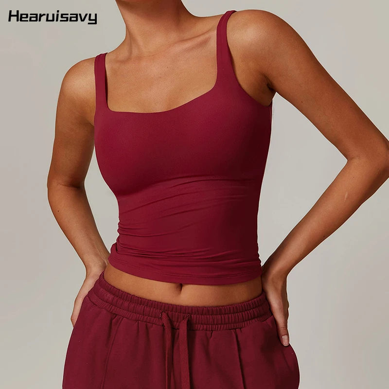 Hearuisavy Summer Women's Sports Bra Square Neck Tight Yoga Tank Top Gym Running Breathable Casual Vest Comfort Fit Workout Top