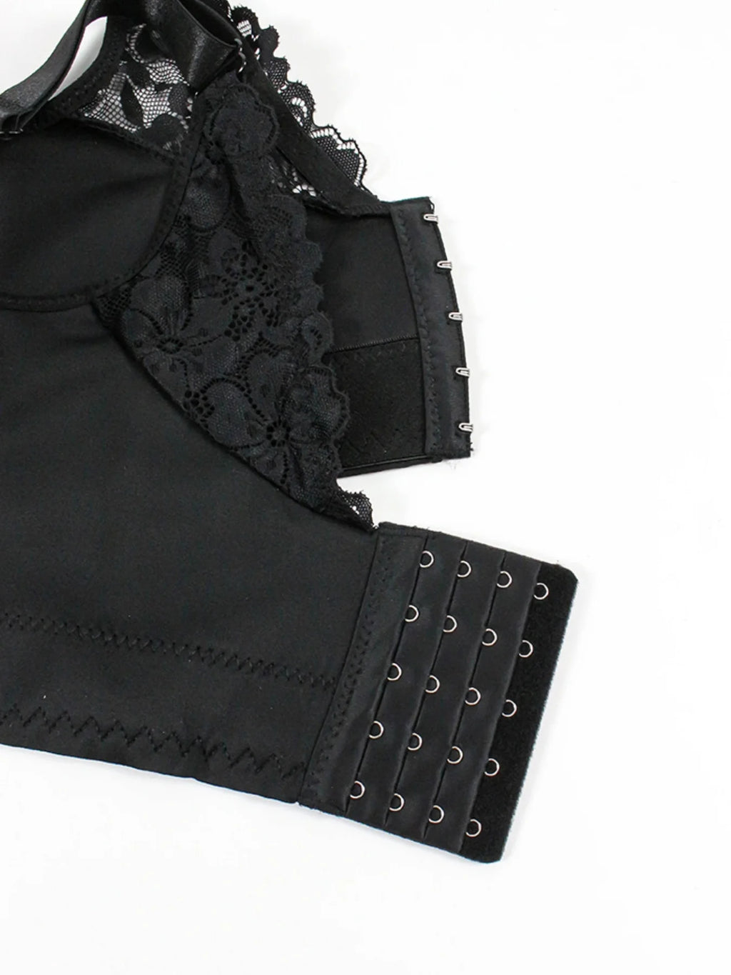 Black lace and mesh underwire bra with adjustable hook-and-eye back closure, shown on a plain white background.