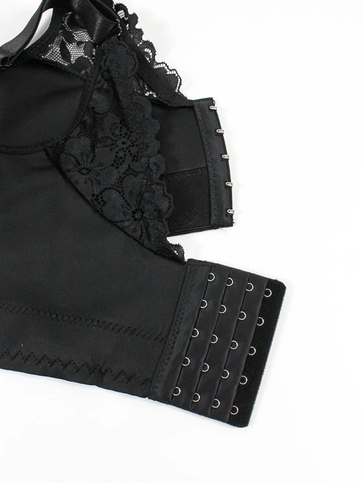 Black lace and mesh underwire bra with adjustable hook-and-eye back closure, shown on a plain white background.