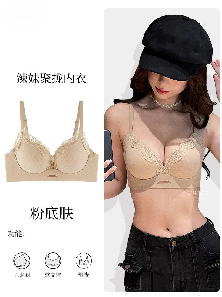 Elegant Matte Lace Bralette AB Cup, Wireless Push Up Bra Small Chest, Gathers Anti Sagging, Seamless Soft Cup T-Shirt Bra 32-38