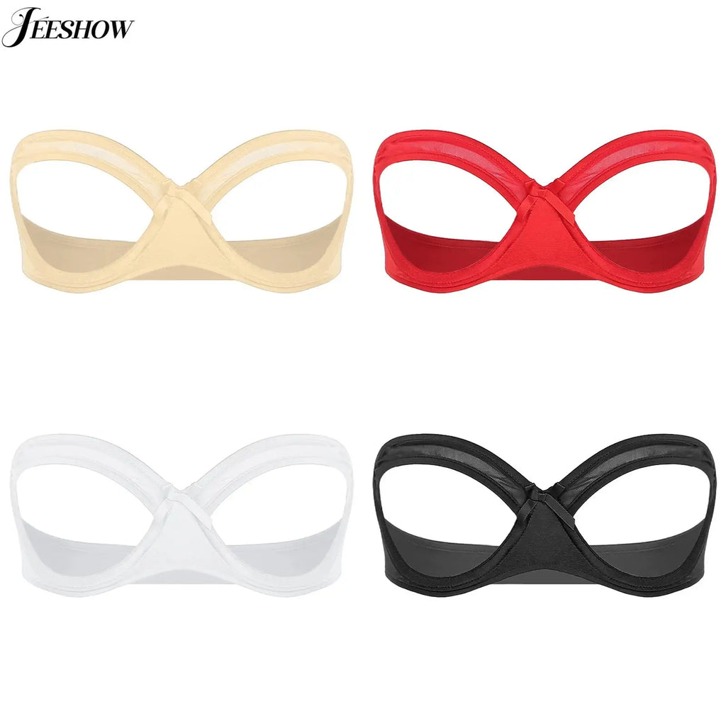Womens See Through Strapless Cupless Bra Push Up Open Nipple Underwired Bra Lingerie Tube Top Hollow Out Push Up Balconette Bras