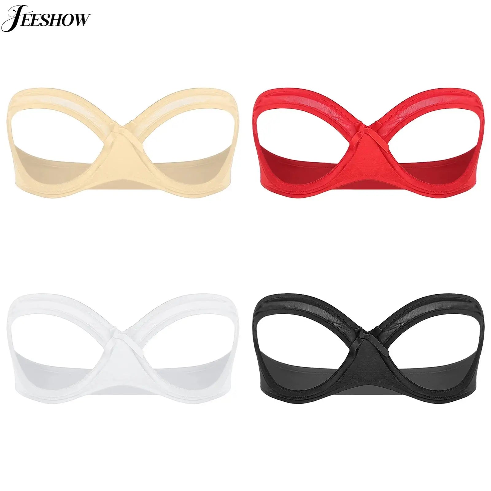 Womens See Through Strapless Cupless Bra Push Up Open Nipple Underwired Bra Lingerie Tube Top Hollow Out Push Up Balconette Bras