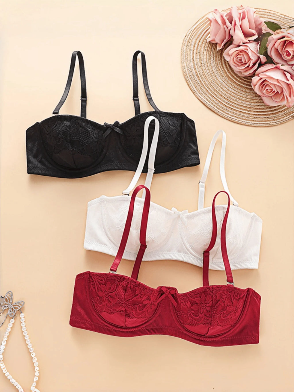 3PCS Women Balconette Lace Underwire Bra Set, Detachable Thin Strap Mini Front Bow Scalloped Edge Multi-Way Lingerie