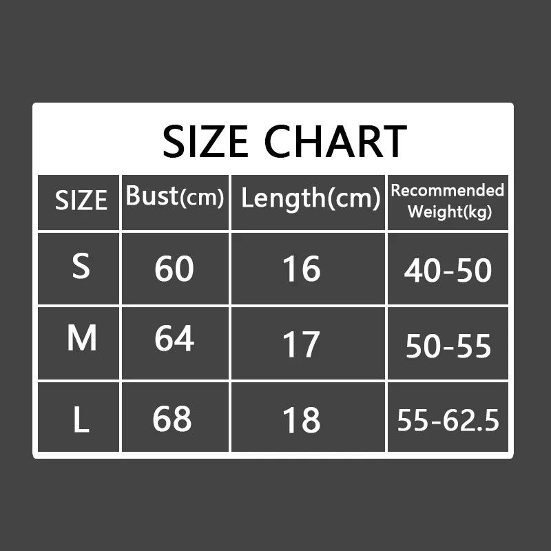 Size chart for clothing with bust, length, and weight measurements on a black background