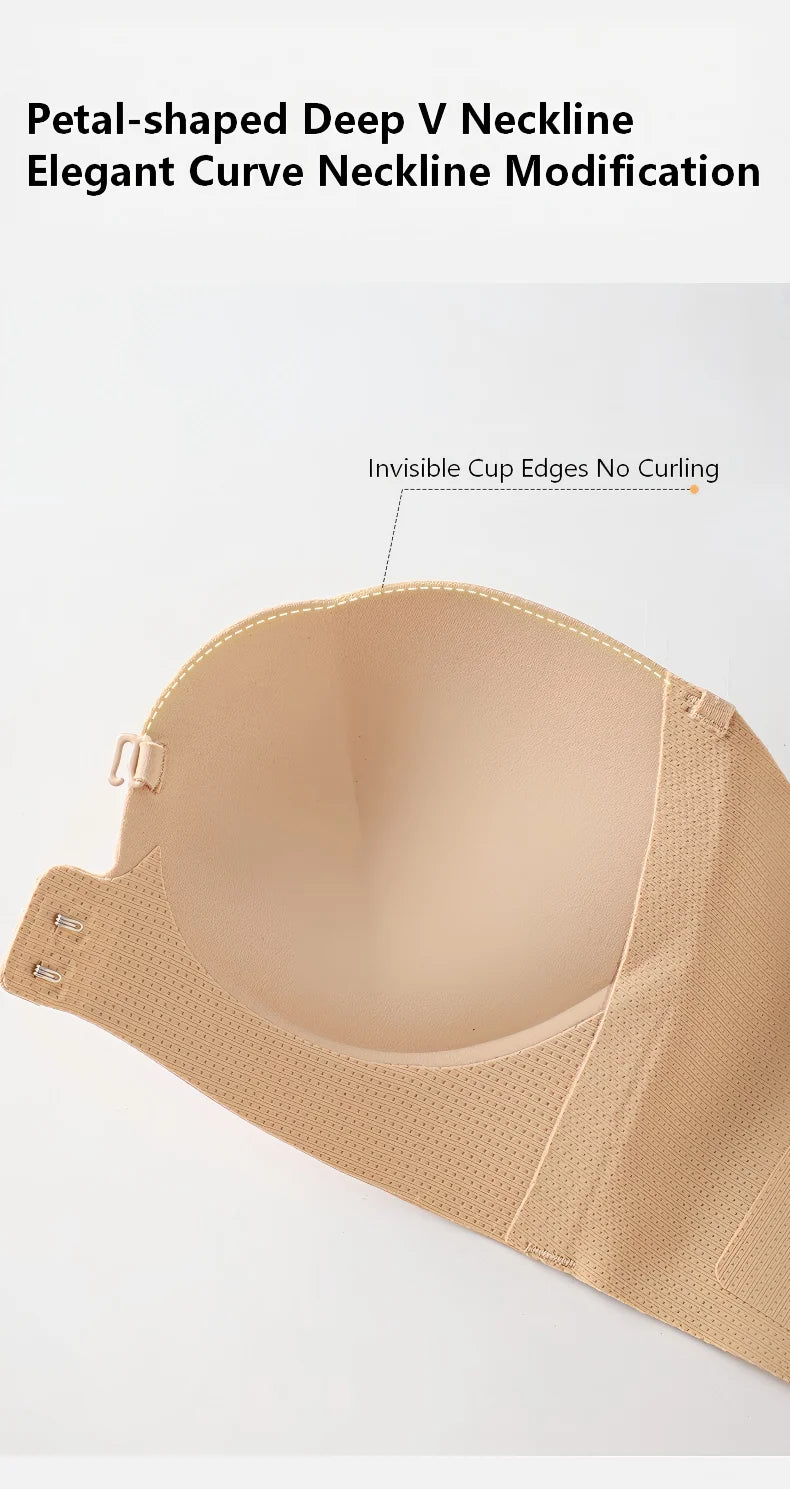 Wireless Strapless Bra Women Double Front Buckle 6Point AntiSlip 3Level 3D Molded Petal Deep V Seamless Multiway Pushup Bra 1PC