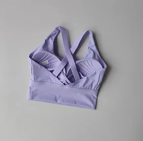 Purple sports bra on a gray background
