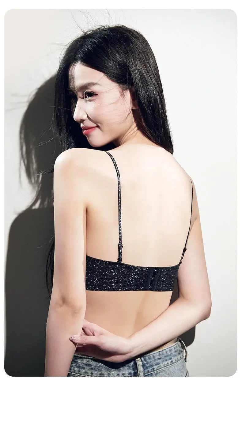 Hot Push Up Bra for Small Bust with Thin Shimmer Straps, Thick Padded Wireless Seamless Bra, Side Support Anti-Droop Lingerie