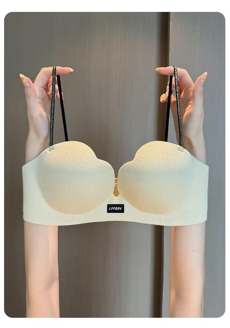 Hot Push Up Bra for Small Bust with Thin Shimmer Straps, Thick Padded Wireless Seamless Bra, Side Support Anti-Droop Lingerie