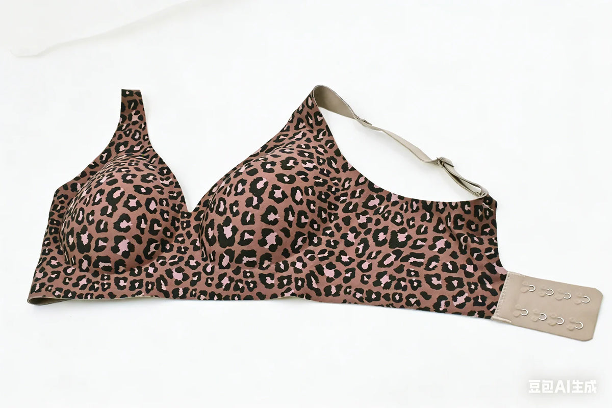 Leopard print bra with a tag on a white background
