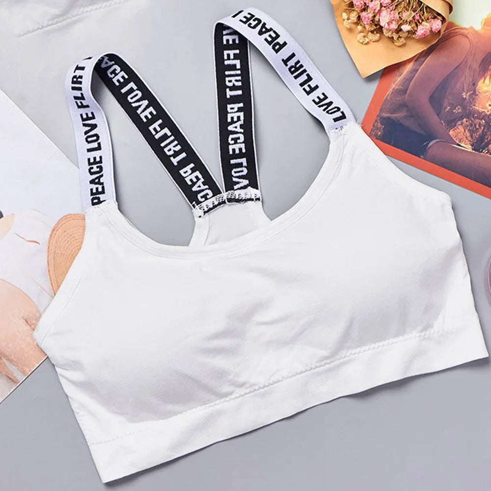 CHUANGERM Women's Seamless Sports Crop Top Wide Letter Straps Wireless Back Comfortable Yoga Fitness Workout